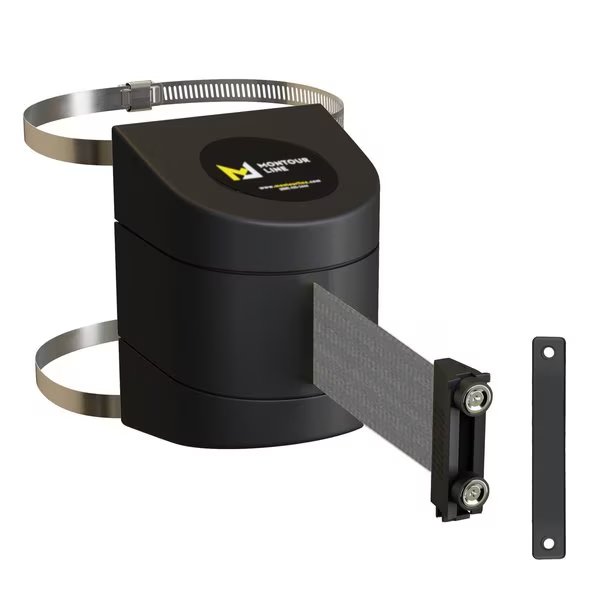 Retractable Belt Barrier Black Clamped Mount, 20ft. Dk Gry Belt (M), Montour Line, Mfr#: WMX160-BK-DGY-C-M-200